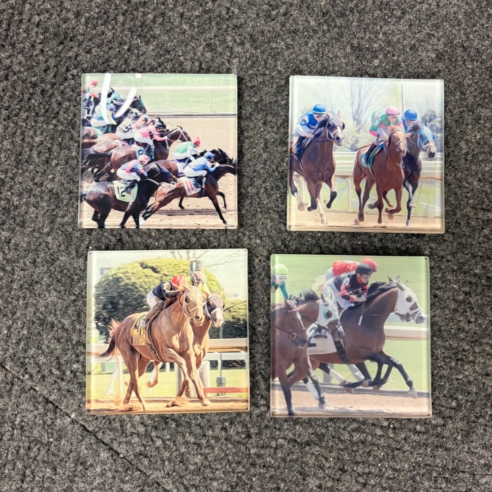 Keeneland Spring 2022 Horse Racing Glass Coasters Set of 4 Equestrian Decor